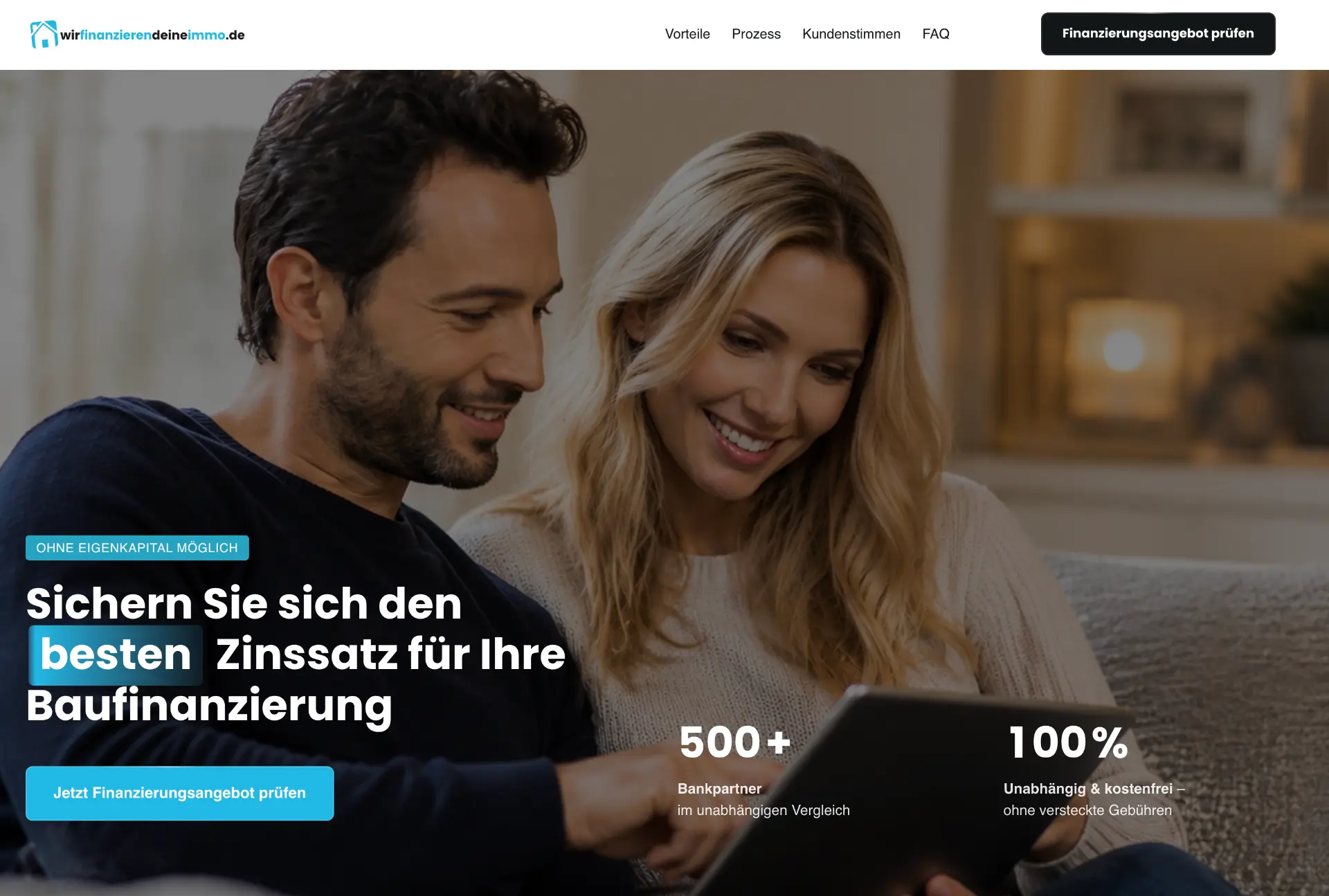 Website-Startseite mit klarer Headline und Anfrage-Button